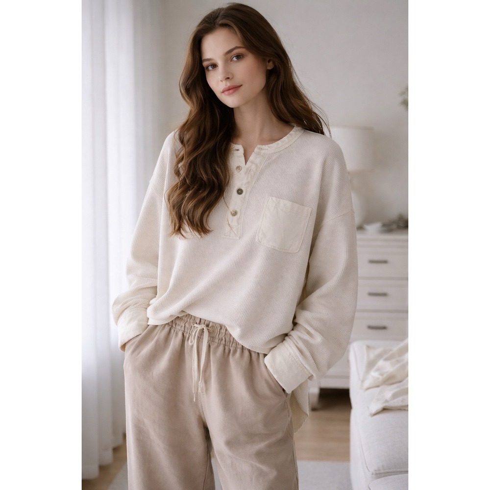 Fawn Tactical Waffle‎ Henley Shirt Women S Cream Pocket Oversized Minimalist